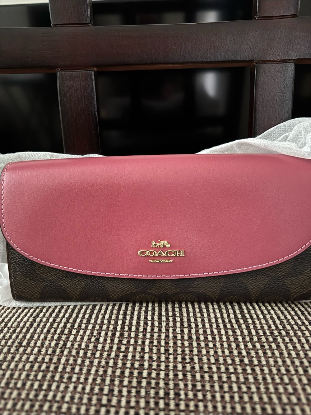 Coach Pink Leather Flap Signature Canvas Clutch with Gold Logo